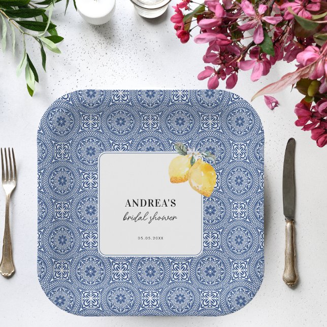 Assiettes En Carton Fête des mariées florale et carrelage bleu citron  (Créateur téléchargé)