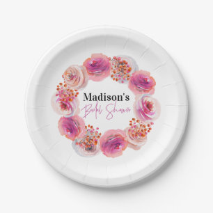 Assiettes En Carton Fête des mariées florale rose personnalisée