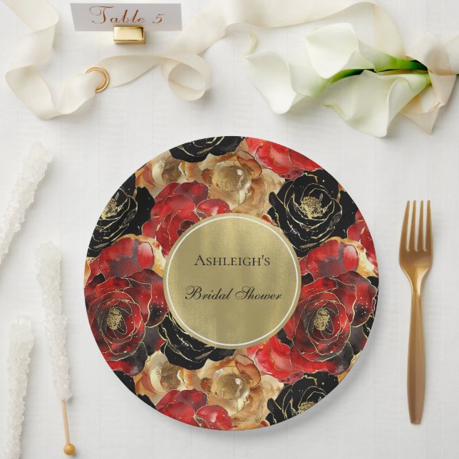 Assiettes En Carton Fête des mariées florale rouge Noir Or Glam (Mariage)