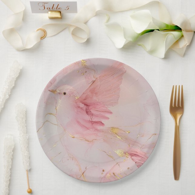 Assiettes En Carton Fête des mariées Gold Blush Pink Birds (Mariage)