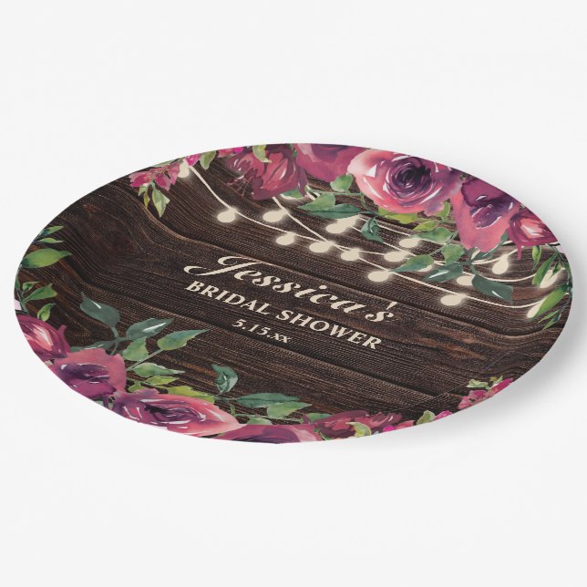Assiettes En Carton Fête des mariées Rustique Bourgogne Florale (Angle)