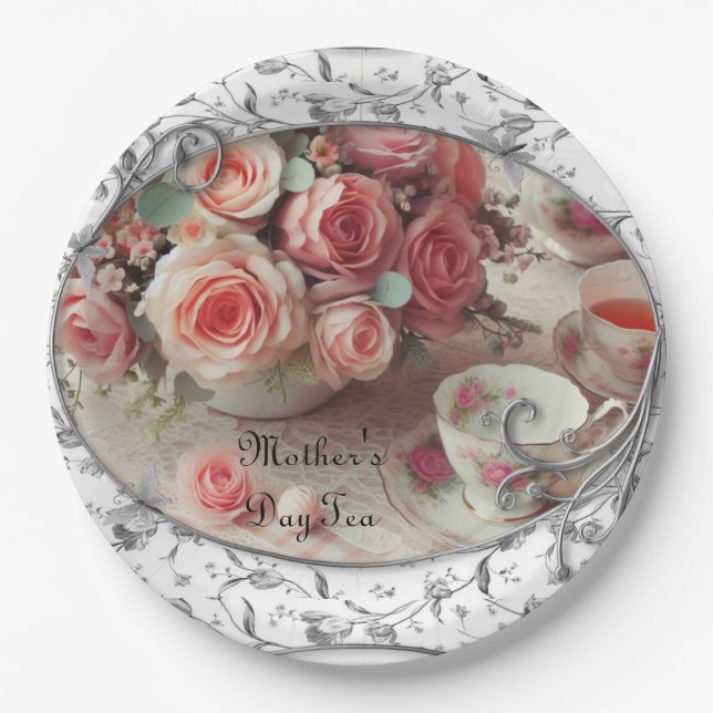 Assiettes En Carton Fête des mères Filigree with Pink Roses (Devant)