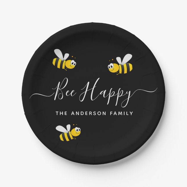 Assiettes En Carton Fête d'été abeille noire jaune heureux bourdons (Devant)