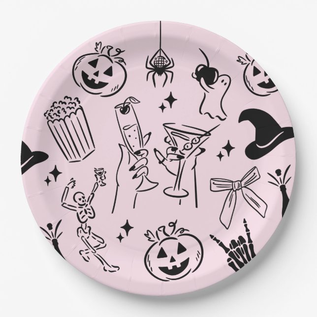 Assiettes En Carton Fête d'Halloween à main rose (Devant)