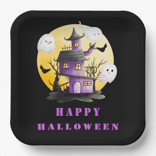 Assiettes En Carton Fête d'Halloween avec Maison hantée et Fantômes (Recto)