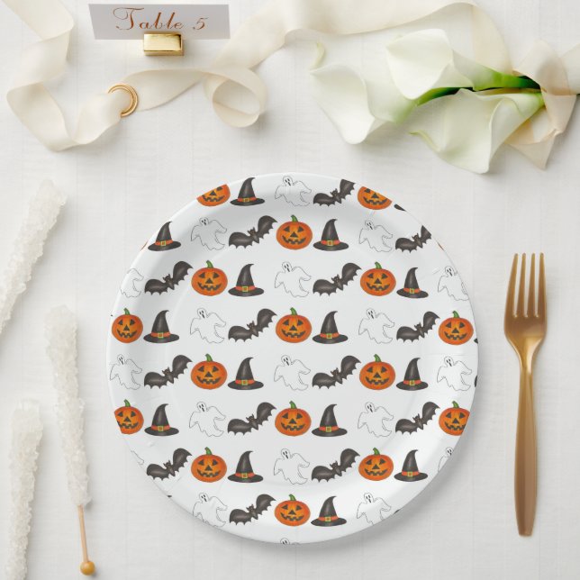 Assiettes En Carton Fête d'Halloween Citrouille chauve sorcière fantôm (Mariage)