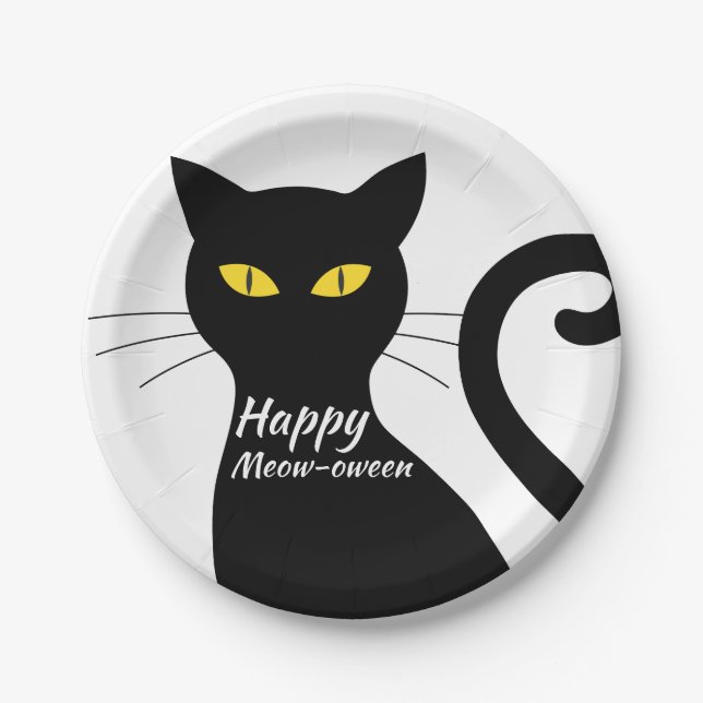 Assiettes En Carton Fête d'Halloween de chat noir (Devant)