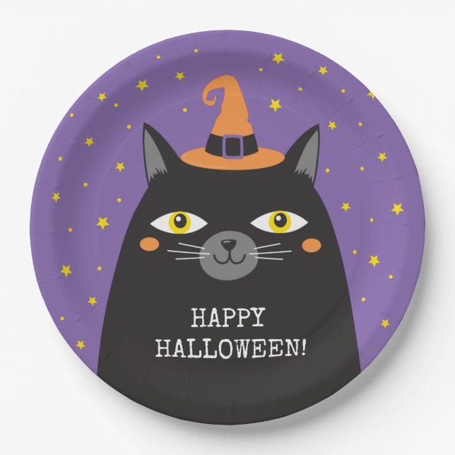 Assiettes En Carton Fête d'Halloween de chat noir (Devant)