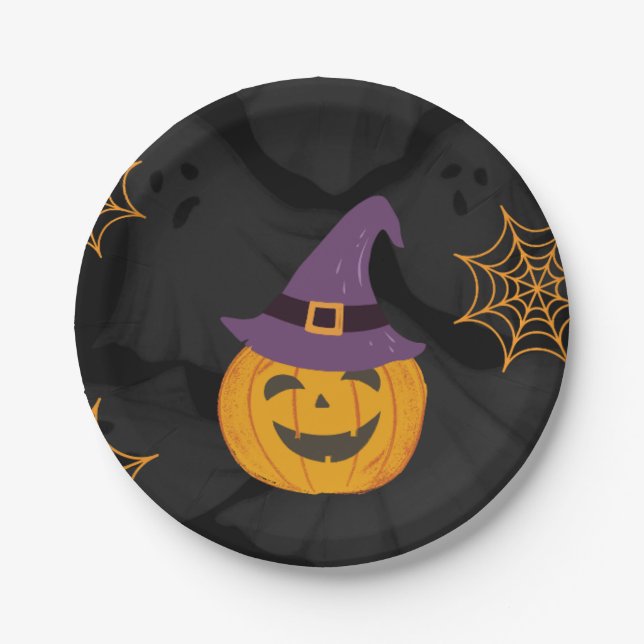 Assiettes En Carton Fête d'Halloween en noir orange modifiable (Devant)