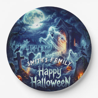 Assiettes En Carton Fête d'Halloween Fantôme Pleine Lune Cimetière