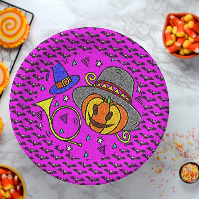 Assiettes En Carton Fête d'Halloween Jack O-Lantern Bugle chauves-sour (Halloween Party Jack O'Lantern Bugle Bats Purple Paper Plates)