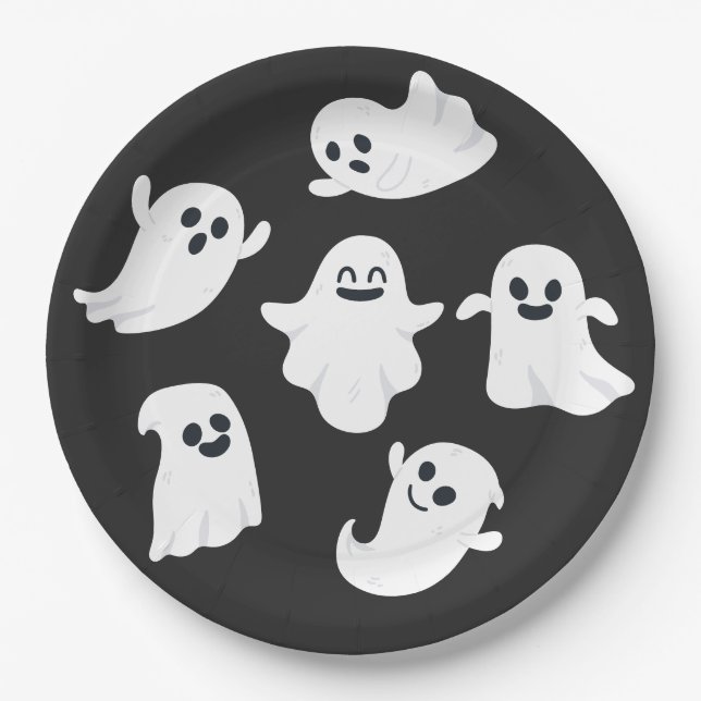 Assiettes En Carton Fête d'Halloween noir et blanc (Devant)