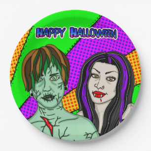 Assiettes En Carton Fête d'Halloween   Pop Art zombie Vampire