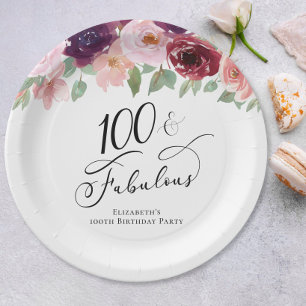 Assiettes En Carton Fête élégante de 100 ans avec fleurs