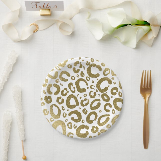 Assiettes En Carton Fête Empreinte de léopard Glam Blanc & Or (Mariage)