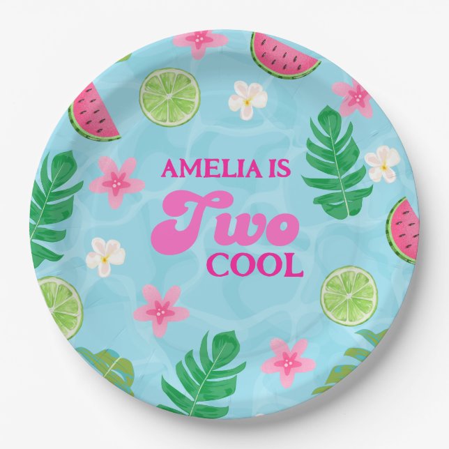 Assiettes En Carton Fête estivale de piscine tropicale fleurie Anniver (Devant)
