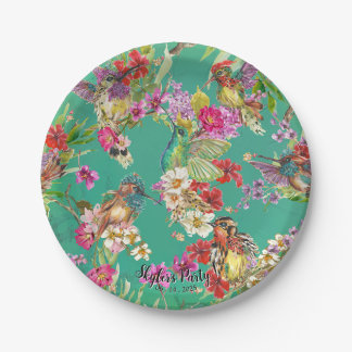 Assiettes En Carton Fête Fleurs Tropicales Colibris Aquarelle