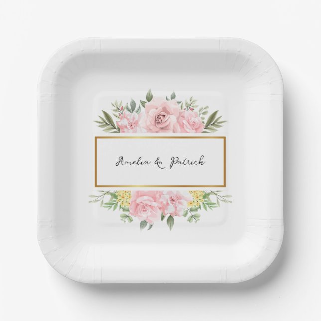 Assiettes En Carton Fête florale rose romantique (Recto)