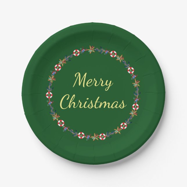 Assiettes En Carton Fête Noël Nautique Wreath Joyeux Noël (Devant)