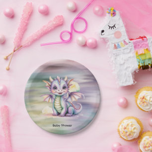Assiettes En Carton Fête Prénatale Bébé Dragon Pastel Fantastique