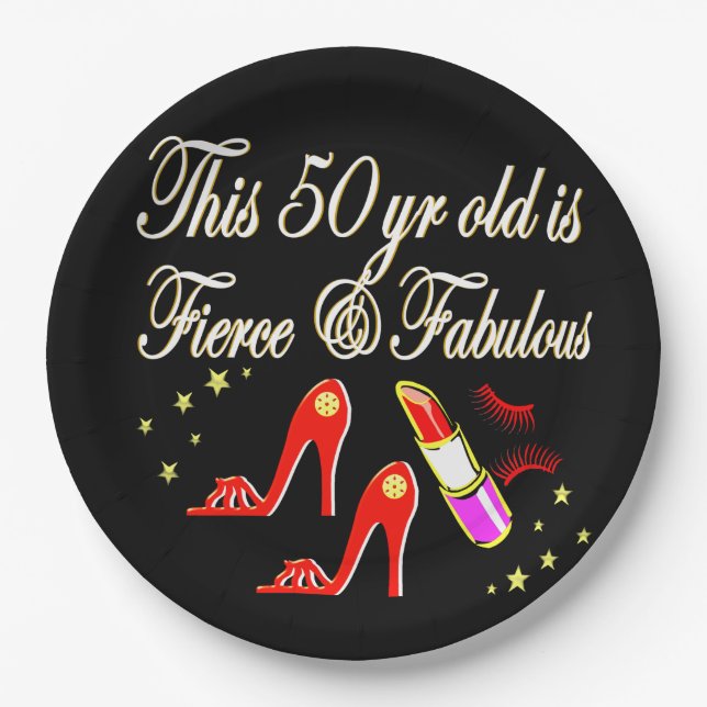 ASSIETTES EN CARTON FÊTE ROUGE ET FABULEUX 50E ANNIVERSAIRE (Devant)