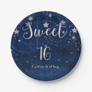 Assiettes En Carton Fête Sweet 16 étoilée bleu clair et argentée