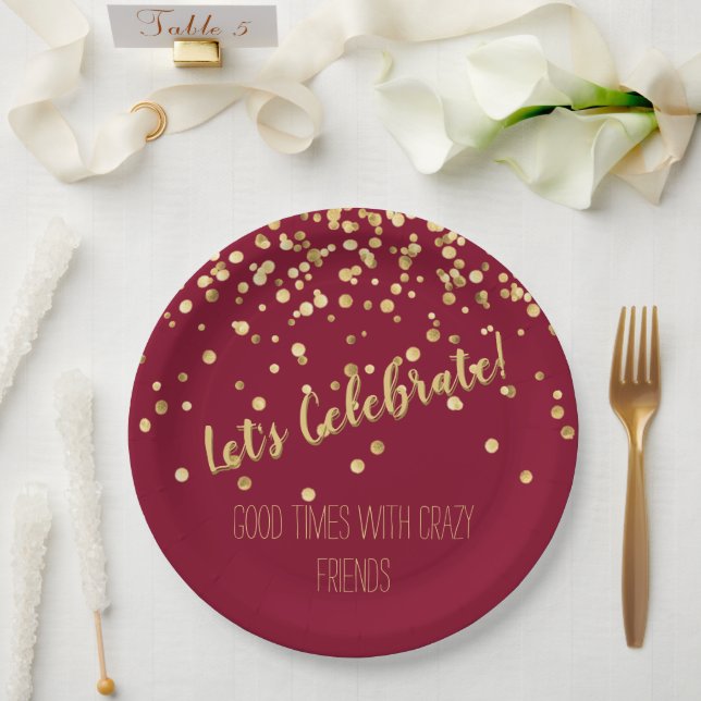 Assiettes En Carton Fêtons la Confetti d'or Bourgogne (Mariage)