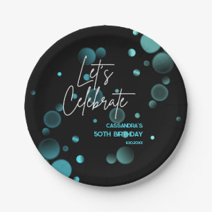 Assiettes En Carton Fêtons l'anniversaire bleu du Bokeh Gradient noir