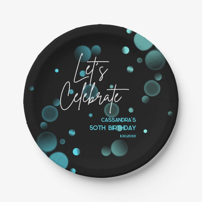 Assiettes En Carton Fêtons l'anniversaire bleu du Bokeh Gradient noir (Devant)