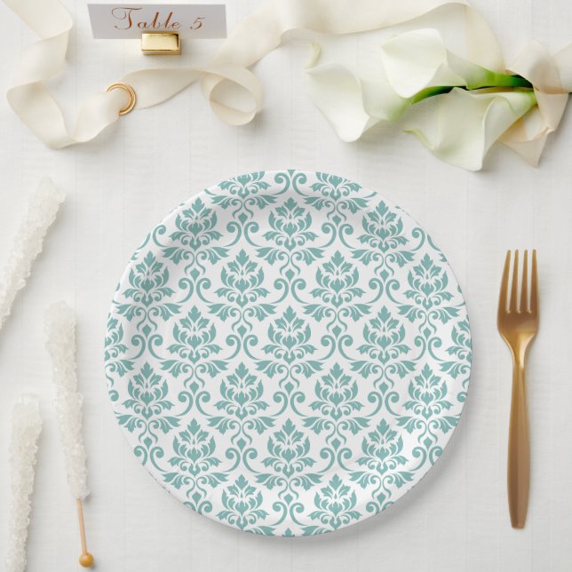 Assiettes En Carton Feuille Damask Teal Large Pattern (Mariage)