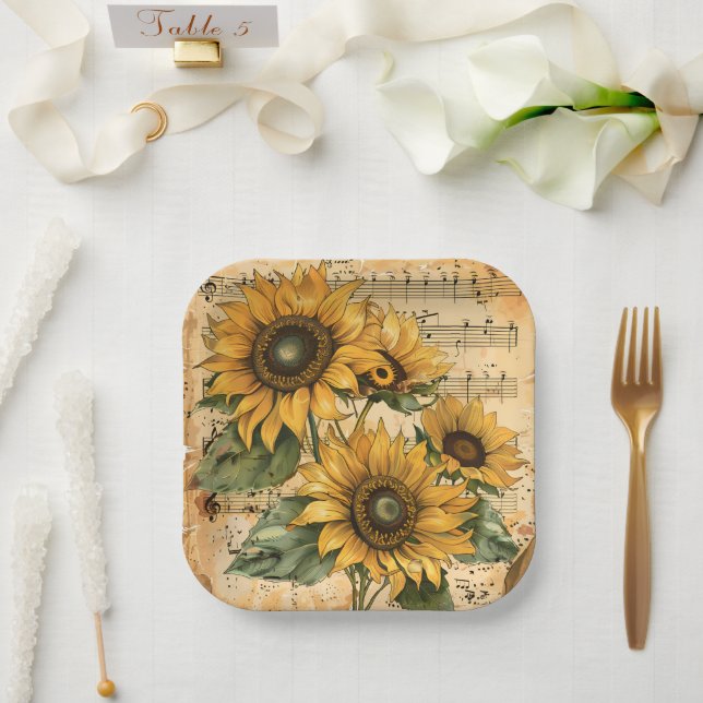 Assiettes En Carton Feuille de musique Sunflower (Mariage)