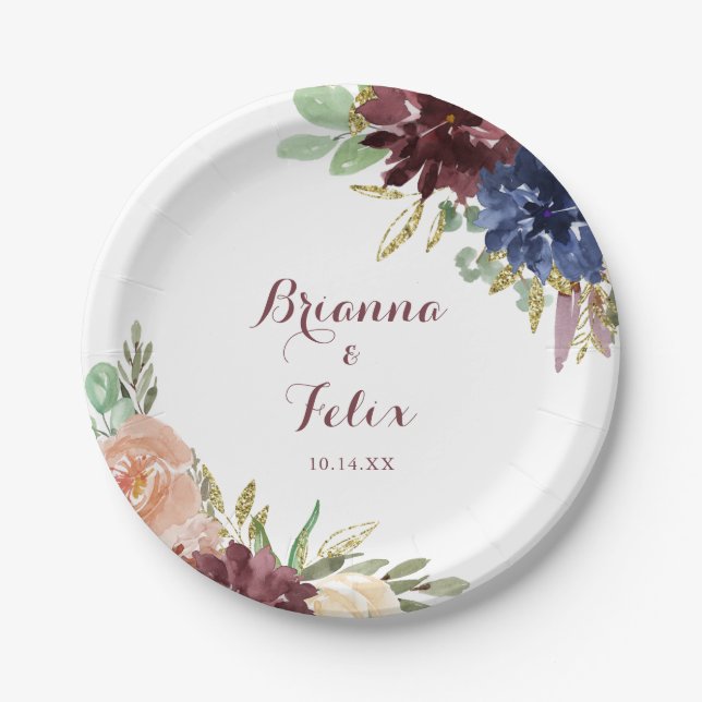 Assiettes En Carton Feuille d'or rustique Calligraphie Mariage Cake (Devant)