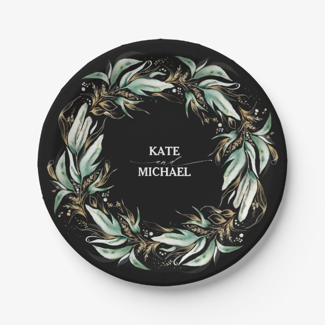 Assiettes En Carton Feuille d'or vert Mariage noir (Devant)