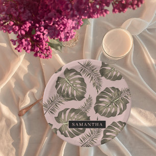 Assiettes En Carton Feuille Tropical Pink & Gold Palm Motif et nom