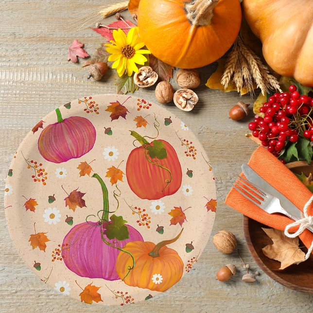 Assiettes En Carton Feuilles automnales citrouilles (Thanksgiving Fall Pumpkins Paper Plates. In a beautiful festive pattern.)
