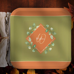 Assiettes En Carton Feuilles automnales orange et vert monogramme