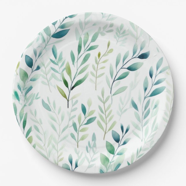 Assiettes En Carton Feuilles blancs verts (Devant)