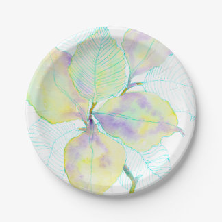 Assiettes En Carton Feuilles botaniques aquarelles jaune vert pastel