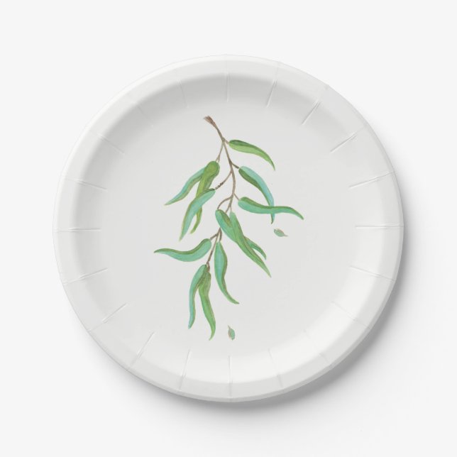 Assiettes En Carton Feuilles botaniques d'eucalyptus vert mariage rust (Devant)