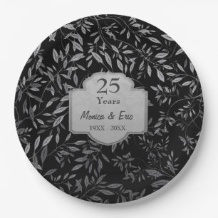 Assiettes En Carton Feuilles d'argent sur le 25e anniversaire noir