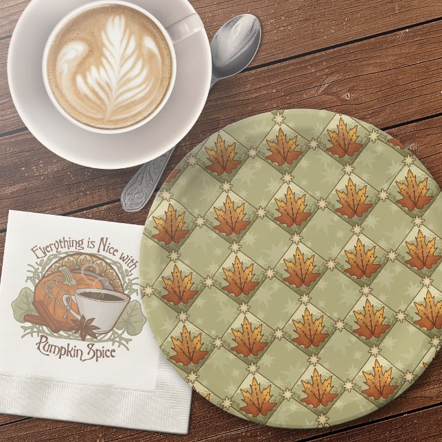 Assiettes En Carton Feuilles d'automne avec Stars Motif Diamond (Autumn Leaves with Stars Diamond Pattern Paper Plates-With Coordinating Pumpkin Spice Paper Napkins.)