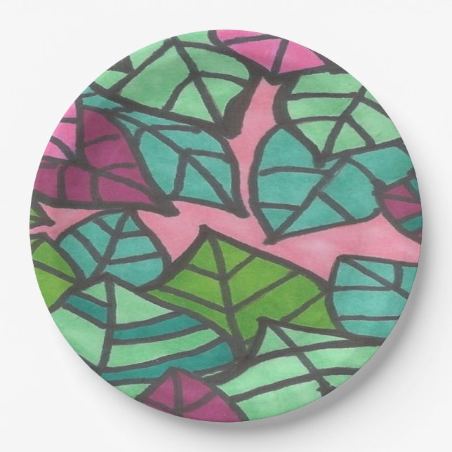 Assiettes En Carton Feuilles de palme tropicale rose et vert (Devant)
