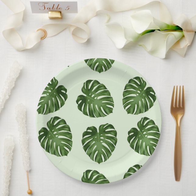 Assiettes En Carton Feuilles de palmiers, Feuilles verts, Motif tropic (Mariage)