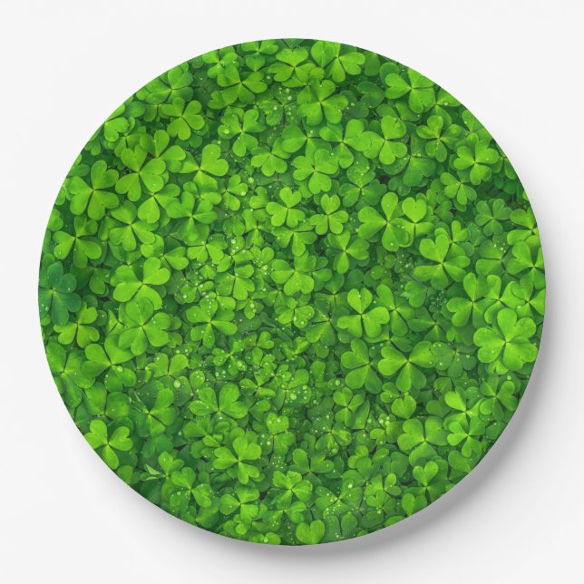 Assiettes En Carton Feuilles de trèfle vert avec gouttes d'eau (Devant)