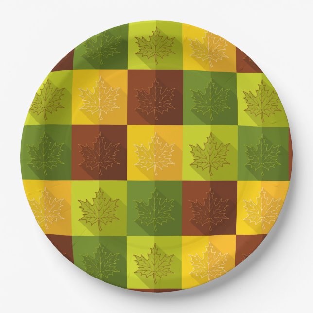 Assiettes En Carton Feuilles d'érable d'automne, brun, or, vert (Devant)