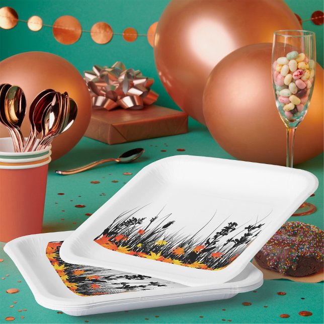 Assiettes En Carton Feuilles d'érable d'automne et silhouette d'herbe  (Créateur téléchargé)