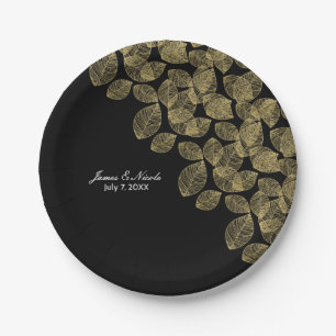 Assiettes En Carton Feuilles d'or Élégance Mariage Automne Noir