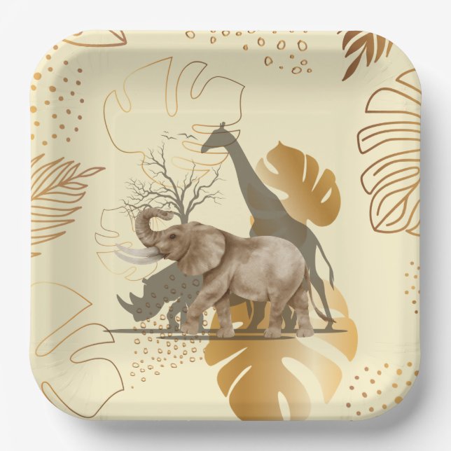 Assiettes En Carton Feuilles d'or jaune, éléphant, plaques en papier g (Recto)