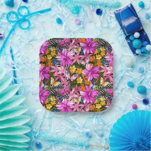 Assiettes En Carton Feuilles et fleurs tropicaux