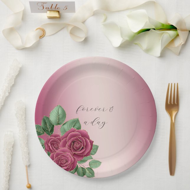 Assiettes En Carton Feuilles Mariages Rose (Mariage)
